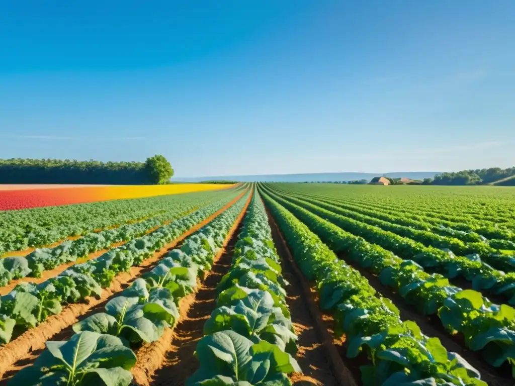 Un campo orgánico vibrante y sereno bajo el sol, resaltando el impacto positivo de los alimentos orgánicos en la salud mental