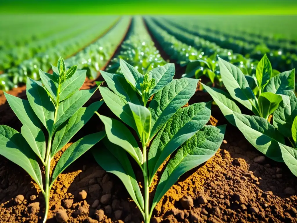 Un campo orgánico vibrante bajo el sol, con tierra agrietada y plantas resilientes