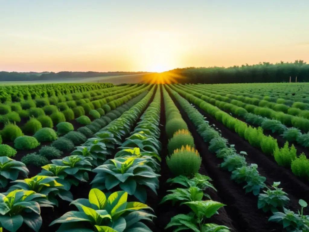 Un campo de plantas perennes verdes vibrantes, bañado por el cálido resplandor dorado del sol