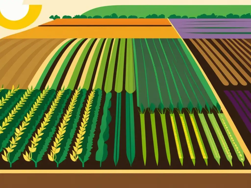 Un campo rotativo diverso y vibrante, con leguminosas saludables y otros cultivos orgánicos bajo la cálida luz del sol