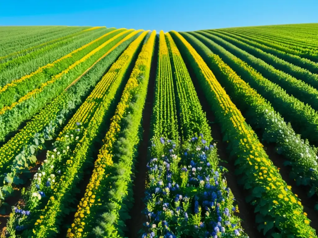 Un campo sereno bañado por el sol con cultivos orgánicos y filas meticulosamente desmalezadas