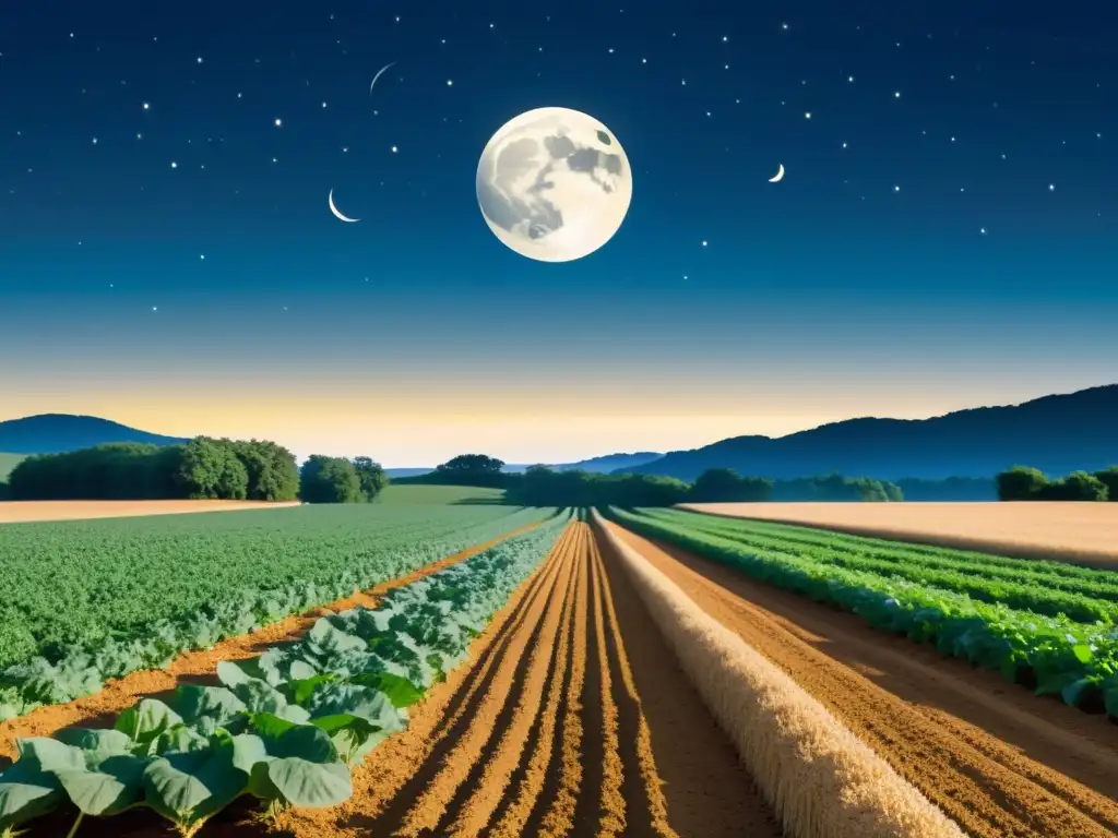 Un campo de siembra bajo el brillo lunar, reflejando la armonía entre naturaleza y agricultura