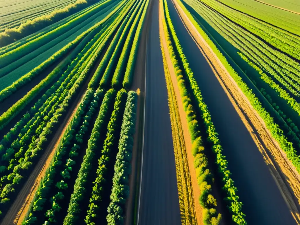 Campo soleado con cultivos orgánicos en filas, agricultura de conservación orgánica