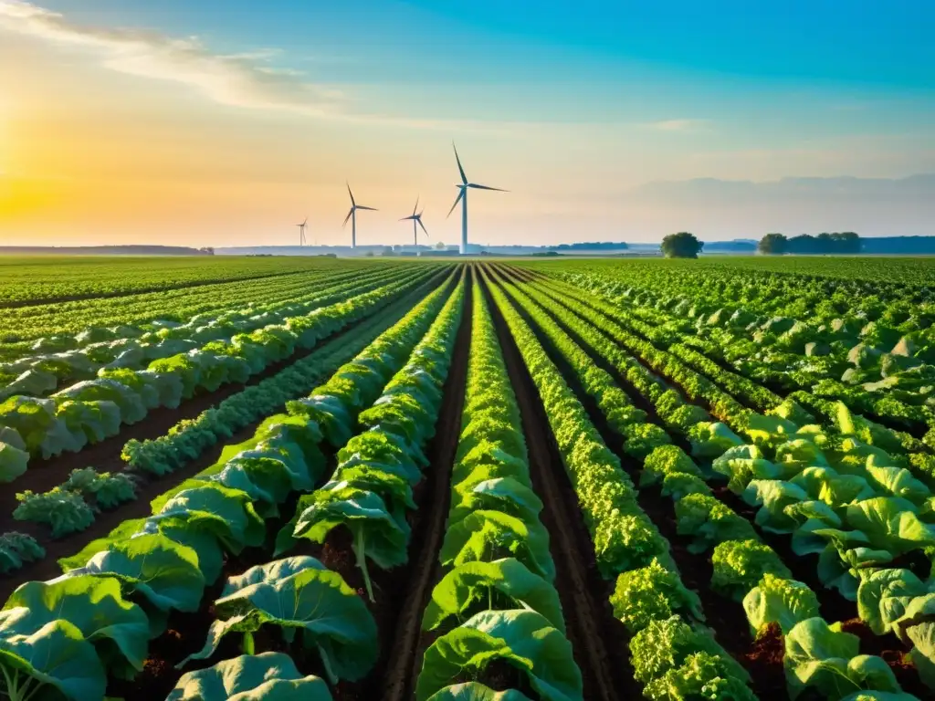 Un campo soleado de cultivos orgánicos se extiende hasta el horizonte, con hileras de lechugas, tomates y otras verduras vibrantes