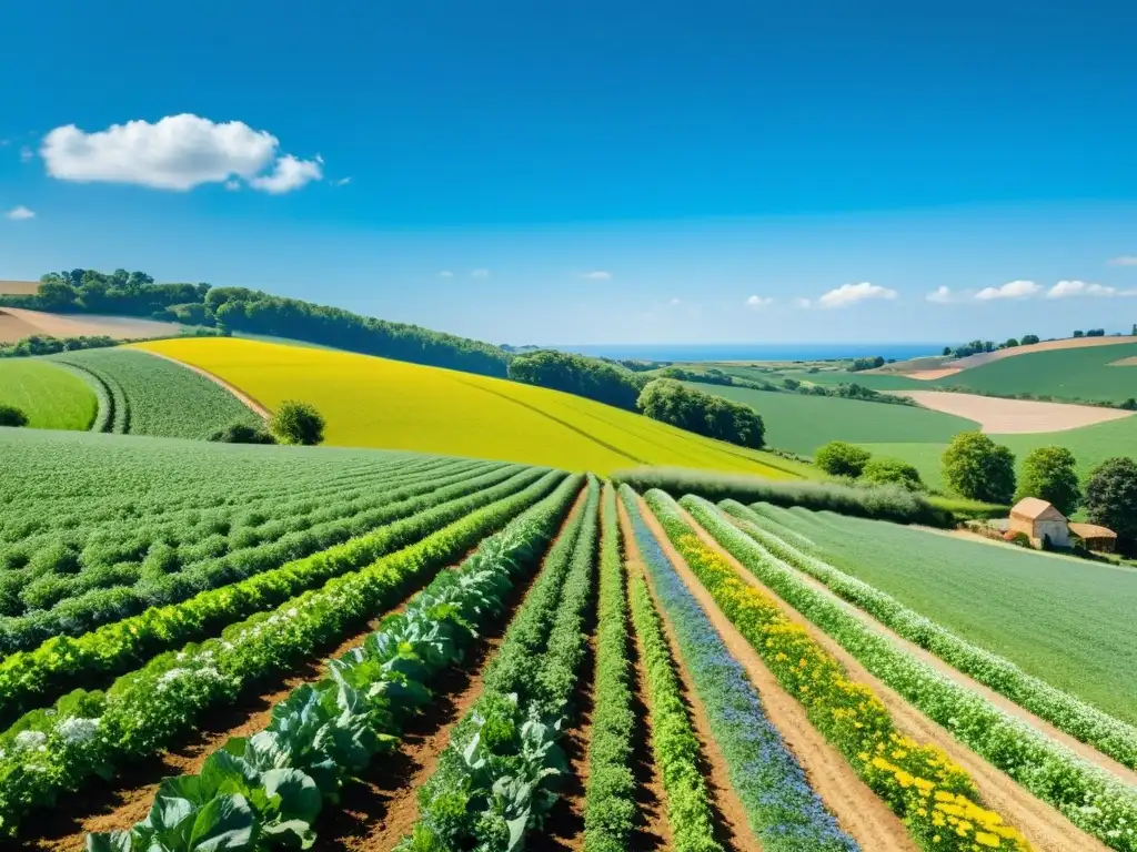 Un campo soleado de cultivos verdes se extiende hasta el horizonte, creando un mosaico de agricultura orgánica