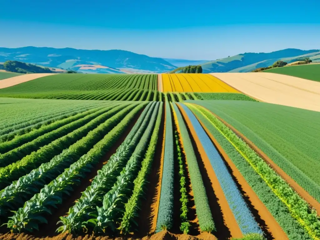 Un campo soleado con cultivos verdes y dorados, un cielo azul y colinas al fondo