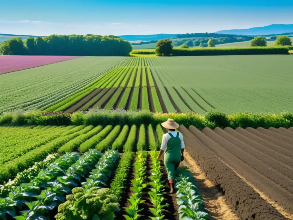 Un campo soleado con cultivos verdes y vibrantes, abejas y un agricultor cuidando la tierra en armonía con la naturaleza