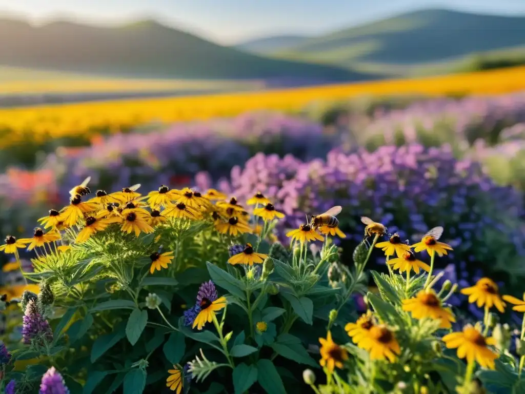 Campo soleado con flores vibrantes y abejas recolectando néctar