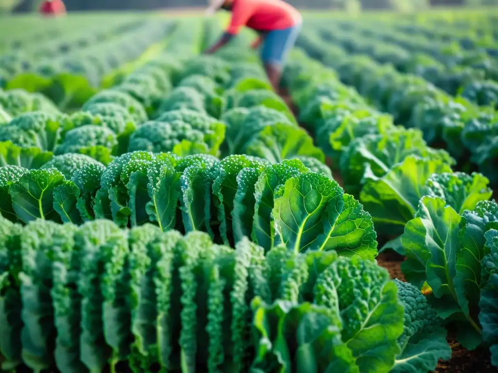 Campo soleado de plantas de kale verde brillante cultivadas con técnicas de cultivo superalimentos orgánicos