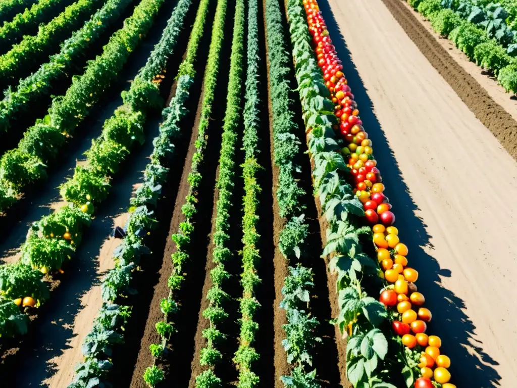 Un campo soleado de tomates orgánicos heirloom, con abejas y mariposas entre las plantas