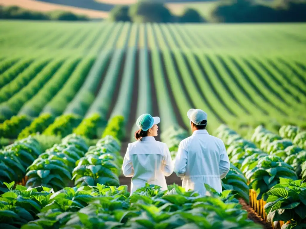 Un campo soleado y verde se extiende ante el espectador, con cultivos orgánicos en filas ordenadas