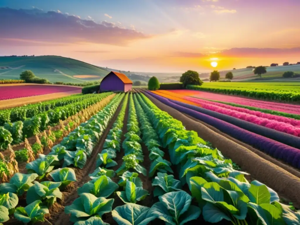 Campo agrícola orgánico sostenible al atardecer, con cultivos variados y una granja en la distancia