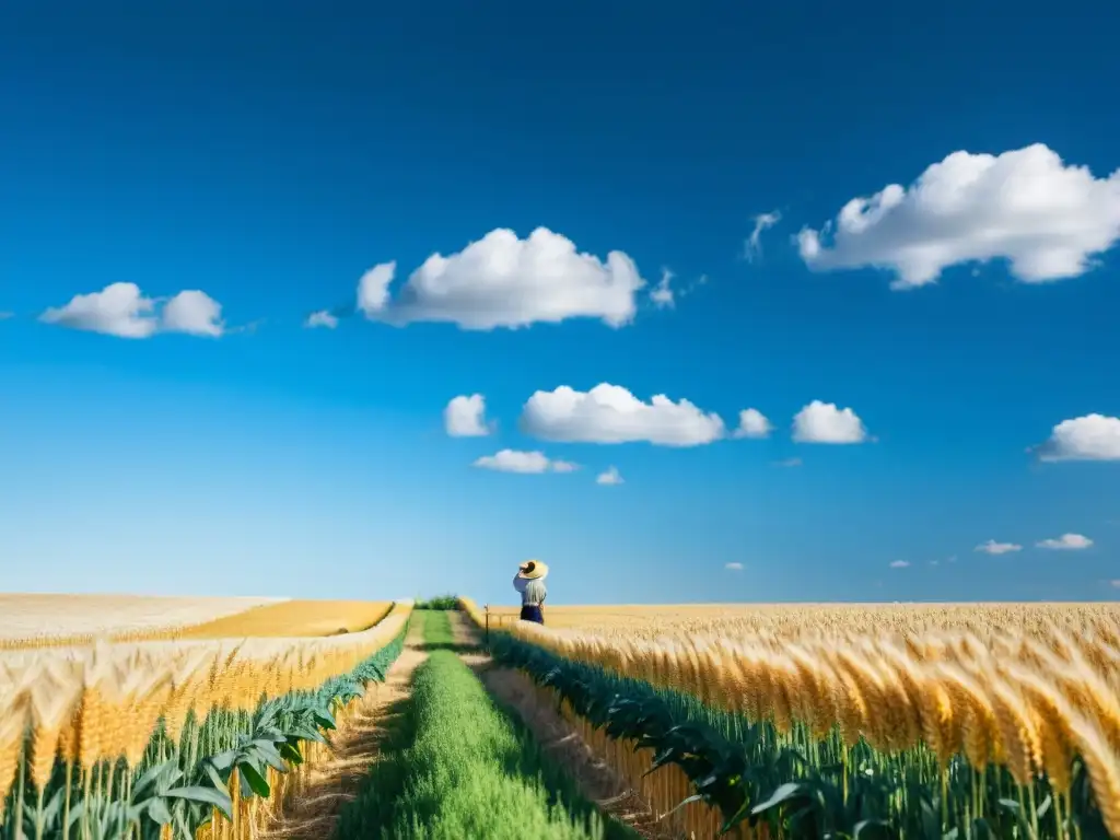 Un campo de trigo dorado bajo cielo azul, con un agricultor y una brisa suave