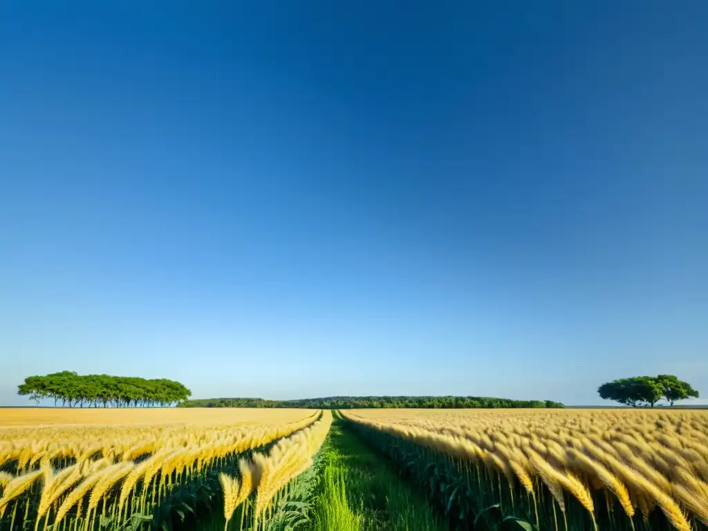 Campo de trigo dorado bajo cielo azul, con prácticas agrícolas para reducción emisiones carbono