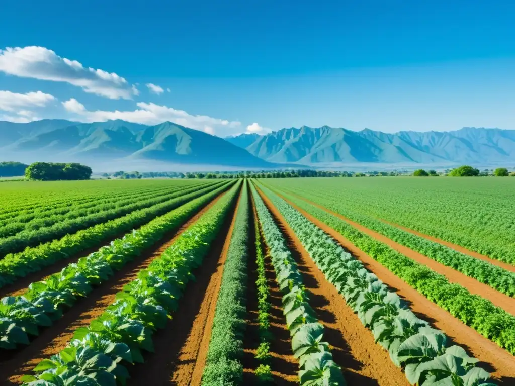 Un campo vasto y bañado por el sol con cultivos orgánicos ordenados y vibrantes, bajo un cielo azul claro con montañas al fondo