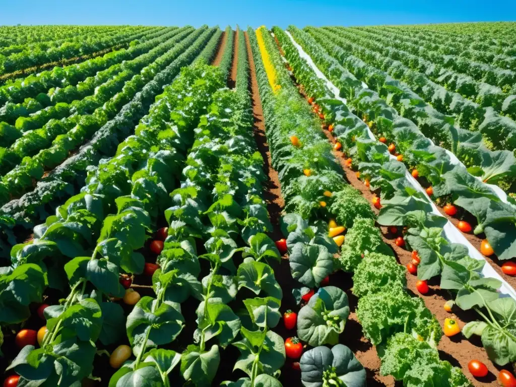 Un campo de vegetales orgánicos, vibrante y exuberante, bañado por el sol