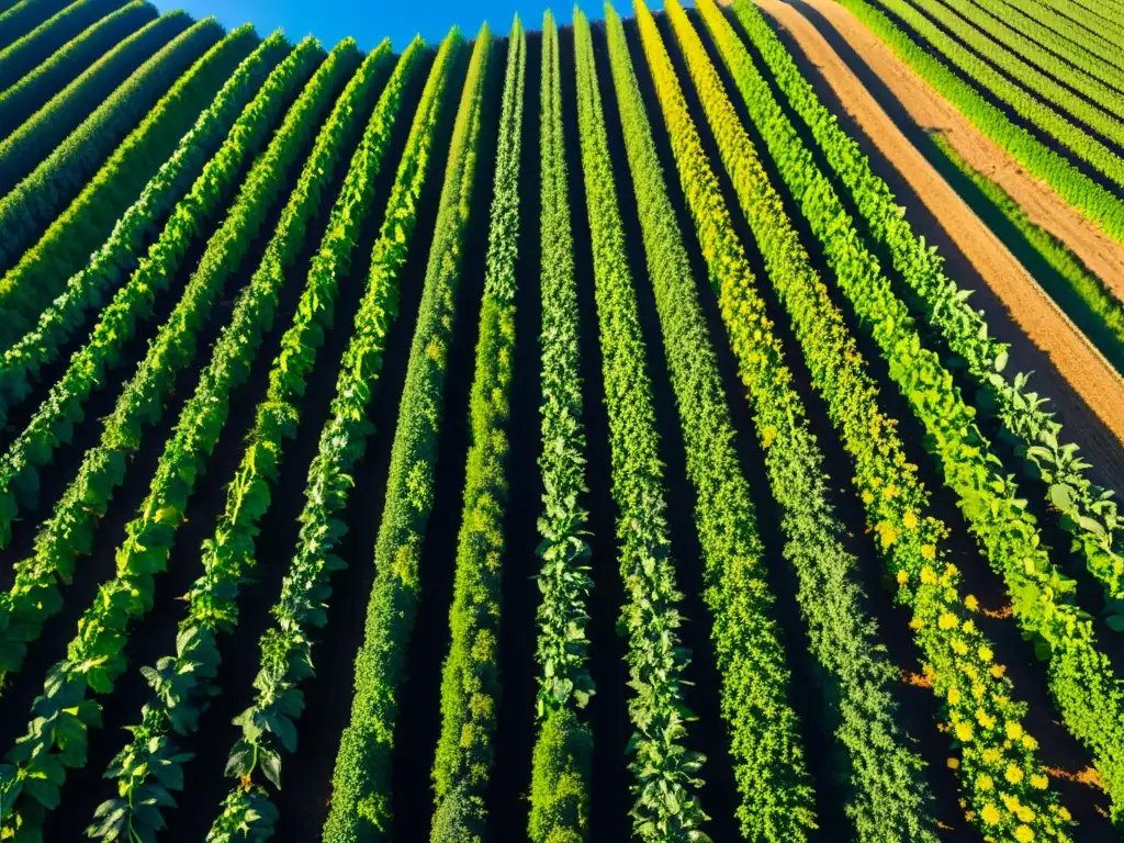 Campo verde de cultivos orgánicos, reducción emisiones carbono prácticas agrícolas, armonía natural y sostenibilidad