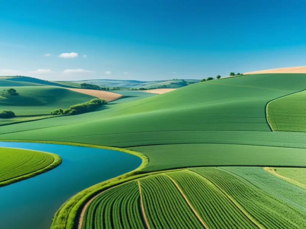 Un campo verde exuberante con canales de agua integrados, evocando la importancia de la cosecha de agua en la agricultura sostenible