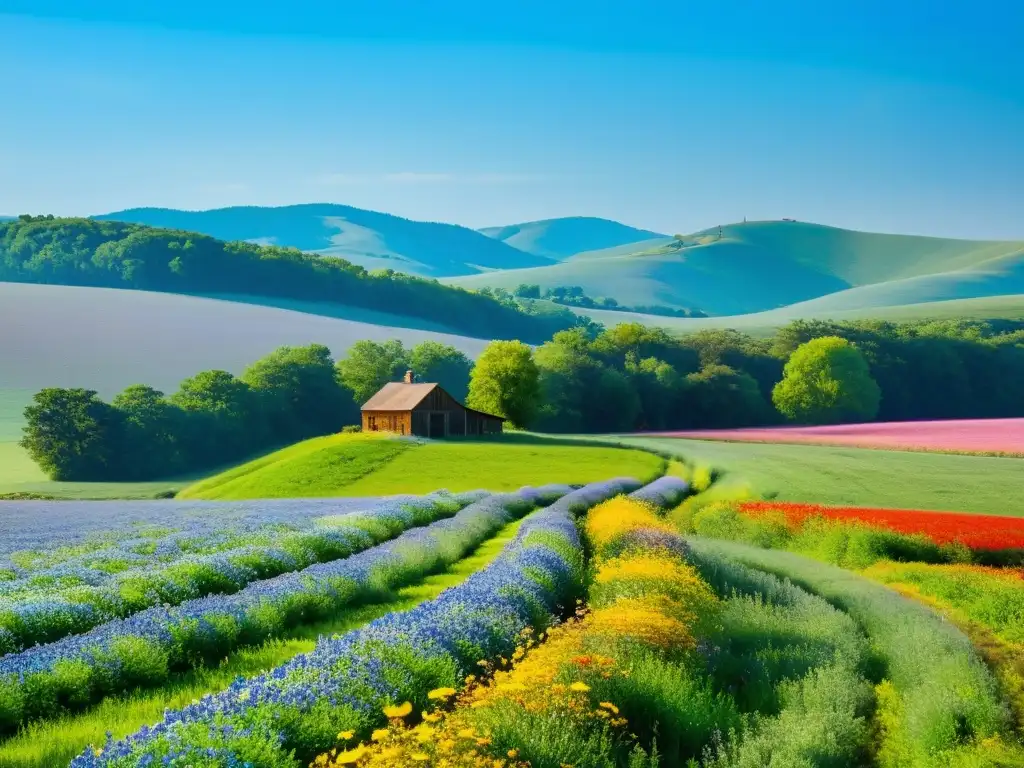 Un campo verde exuberante con colinas onduladas, salpicado de coloridas flores silvestres y enmarcado por un cielo azul claro