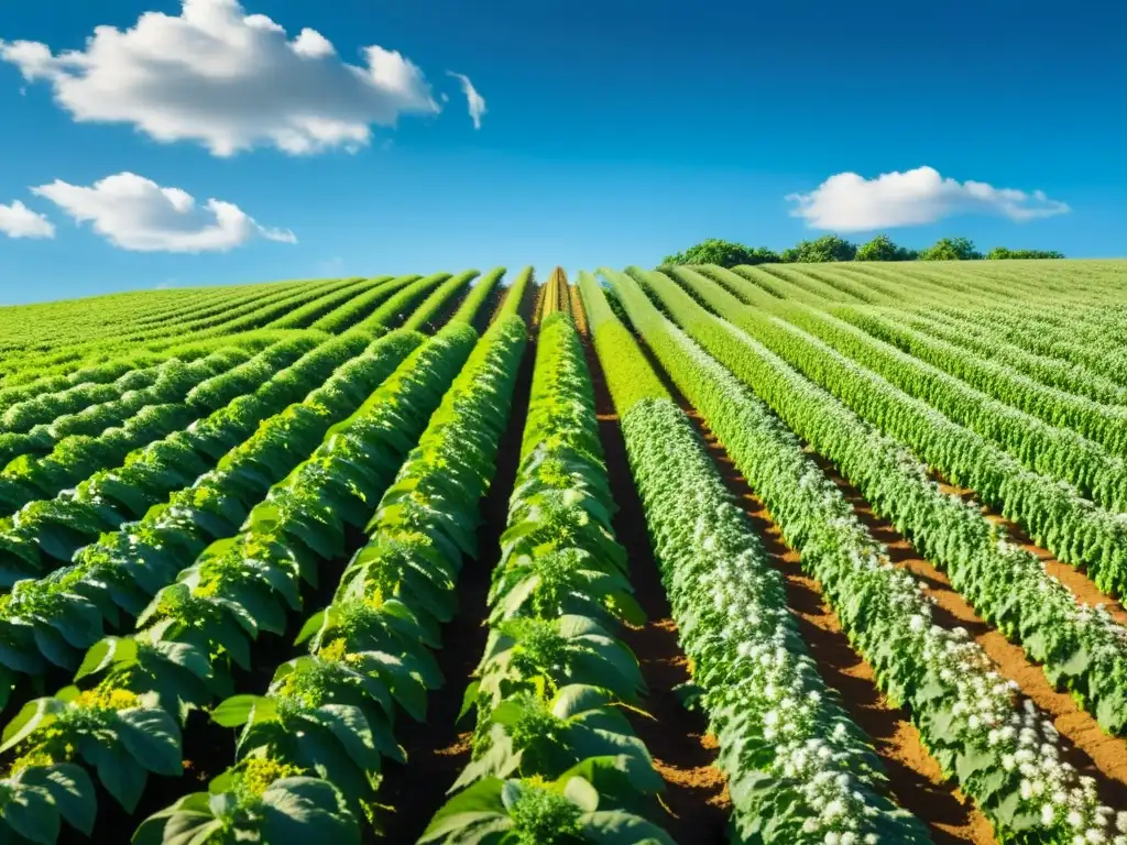 Un campo verde exuberante con cultivos ordenados bajo un cielo azul claro