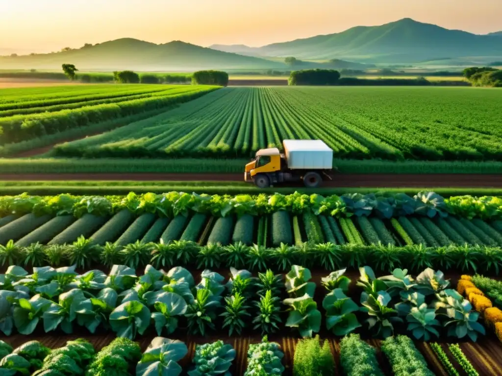 Un campo verde exuberante con cultivos orgánicos, trabajadores cosechando bajo el sol dorado