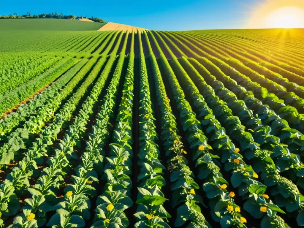 Un campo verde exuberante de cultivos orgánicos bajo un cielo azul claro, con el sol creando un cálido resplandor dorado