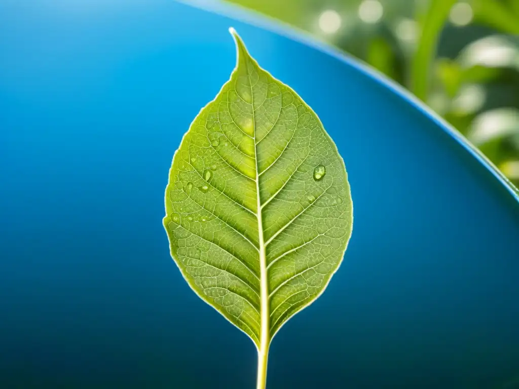 Campo verde exuberante de cultivos orgánicos bajo cielo azul, con una hoja con gotas de agua, mostrando la belleza de la agricultura basada en plantas