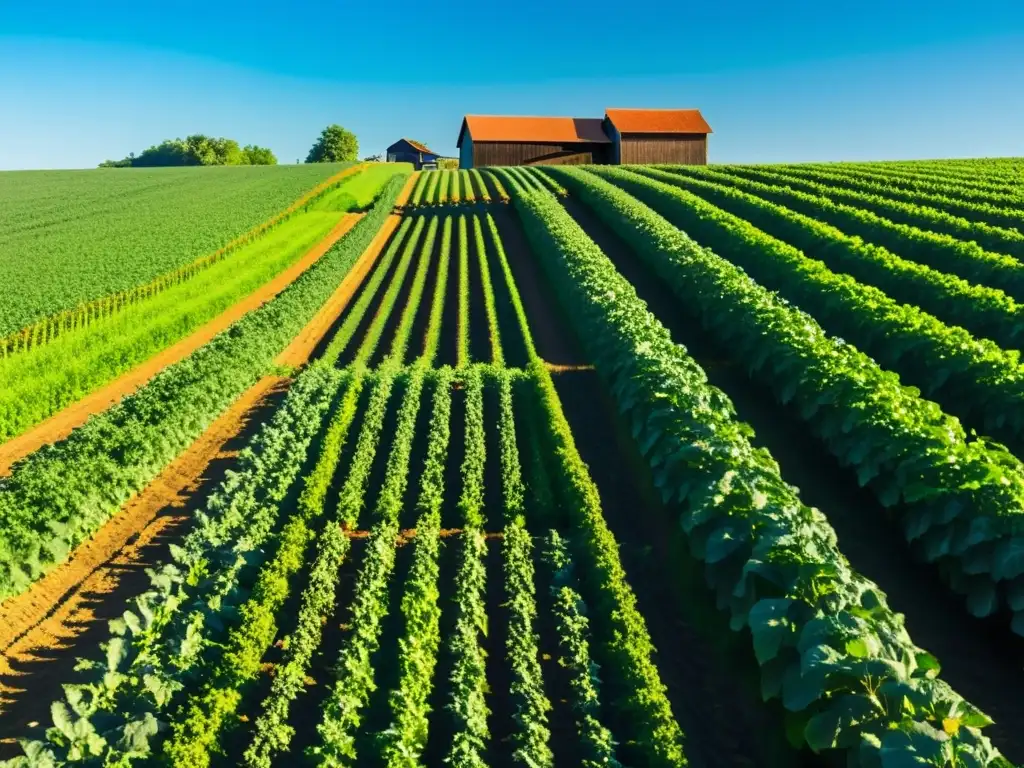 Campo verde exuberante con cultivos ordenados y casa de madera, bajo cielo azul