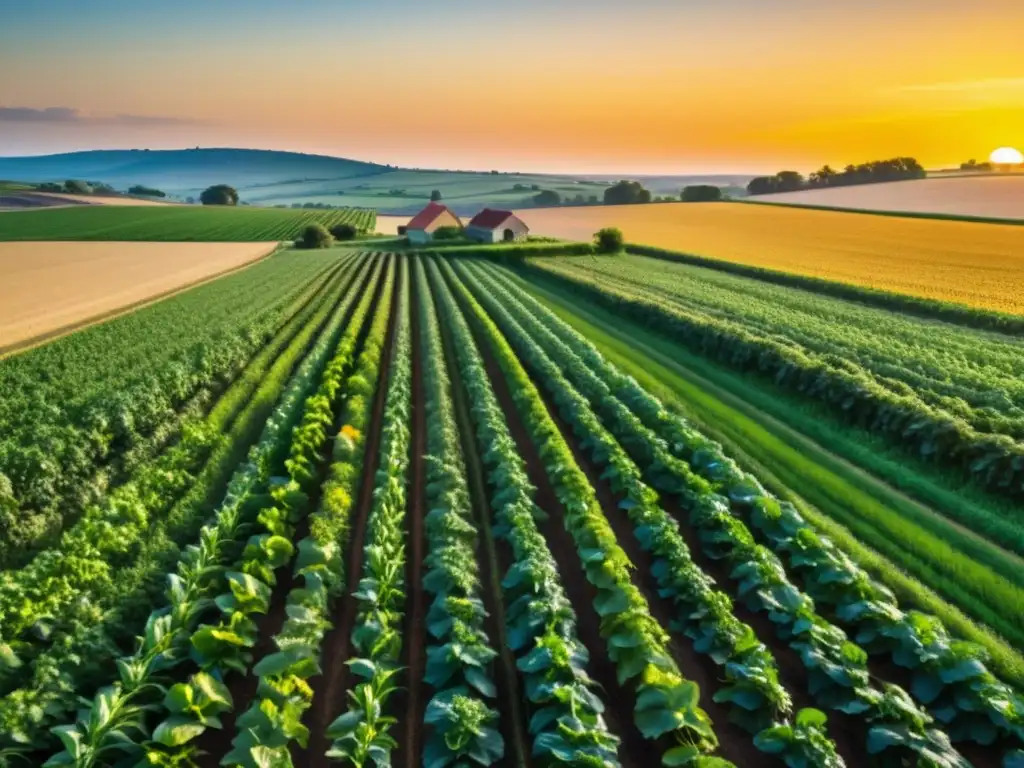 Campo verde exuberante con cultivos vibrantes y saludables, bañados por el sol al atardecer