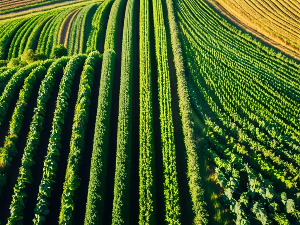 Un campo verde exuberante con cultivos orgánicos vibrantes bañados por la luz dorada del sol