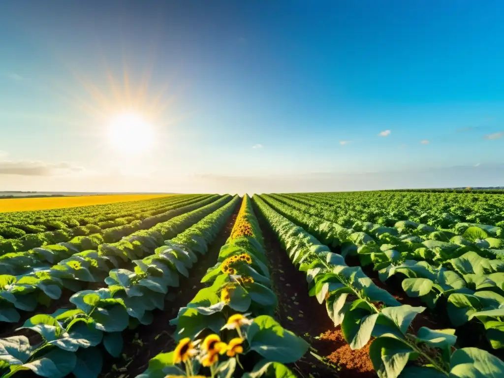 Un campo verde exuberante de cultivos orgánicos bajo el cálido sol, creando un escenario sereno y vital