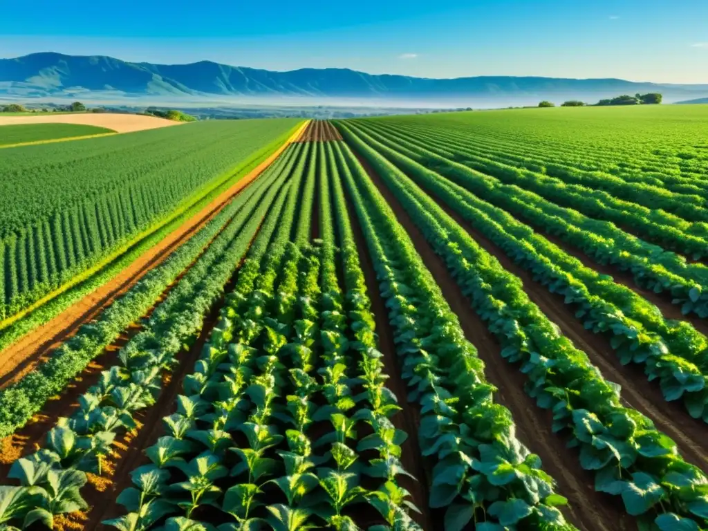 Campo verde exuberante con cultivos vibrantes y saludables bajo cielo azul