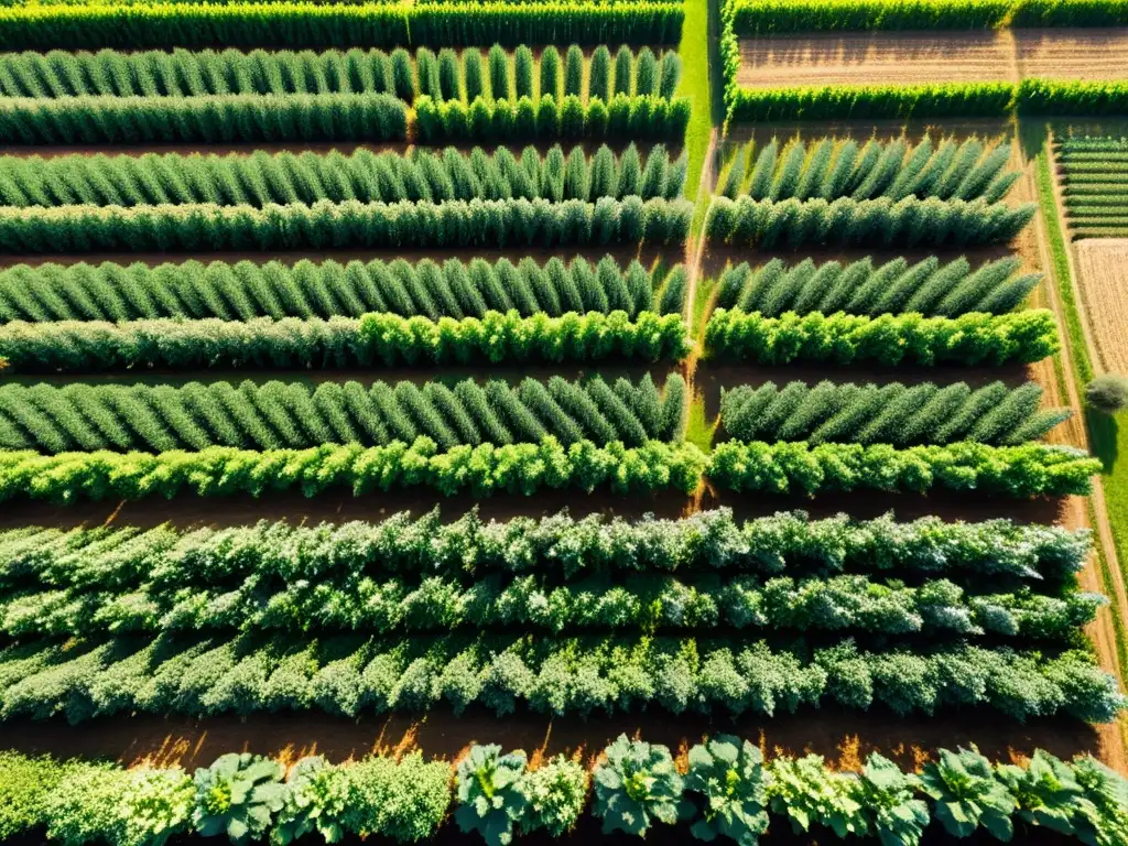 Un campo verde y exuberante de cultivos orgánicos bañado por la luz del sol