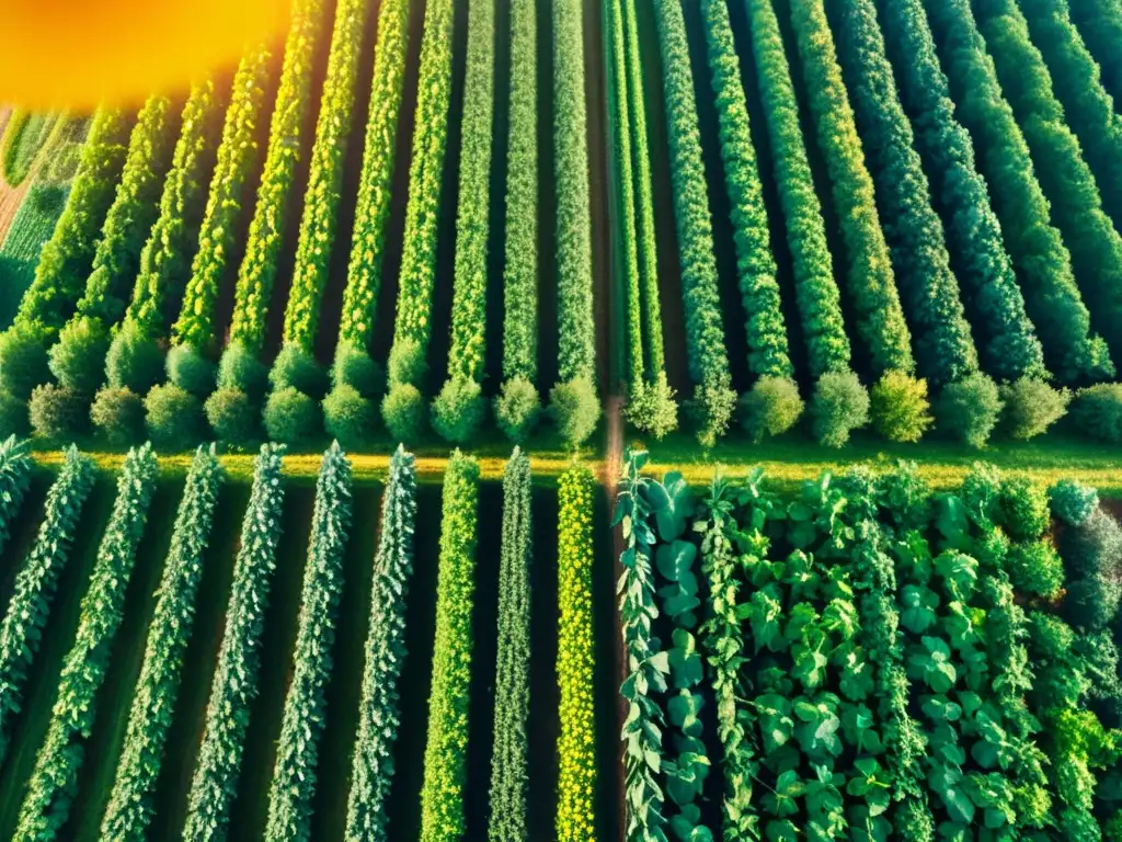 Campo verde exuberante con cultivos alternados, mostrando la biodiversidad y equilibrio de la rotación de cultivos