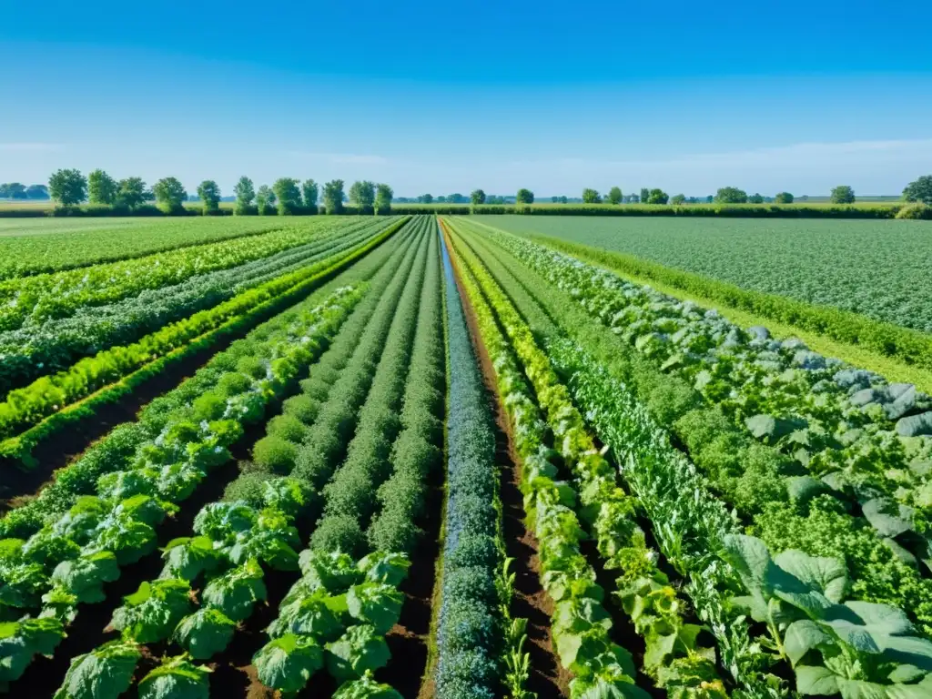 Campo verde exuberante con cultivos orgánicos y convencionales, reflejando la belleza natural y la productividad