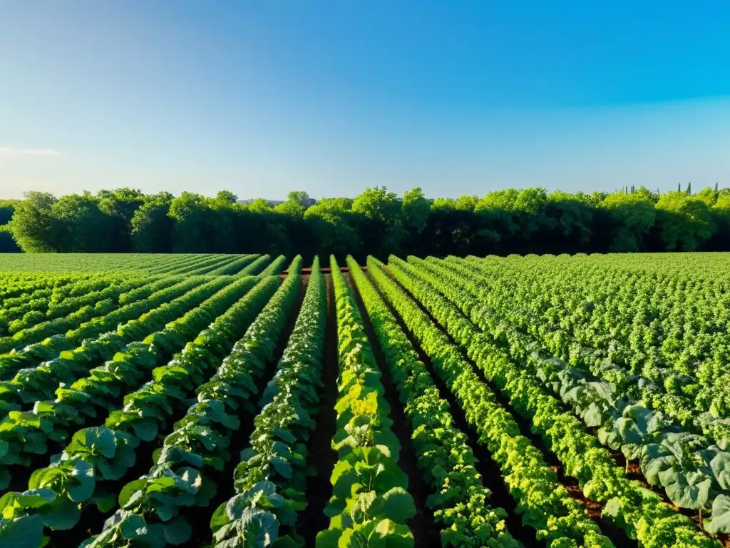 Un campo verde exuberante de cultivos orgánicos se extiende hasta el horizonte, con altos árboles iluminados por el sol en el fondo