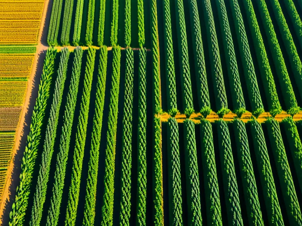 Un campo verde exuberante con cultivos saludables, bañado por la luz dorada del atardecer