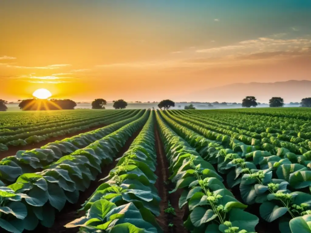 Un campo verde exuberante de cultivos orgánicos se extiende hacia el horizonte, iluminado por el sol poniente