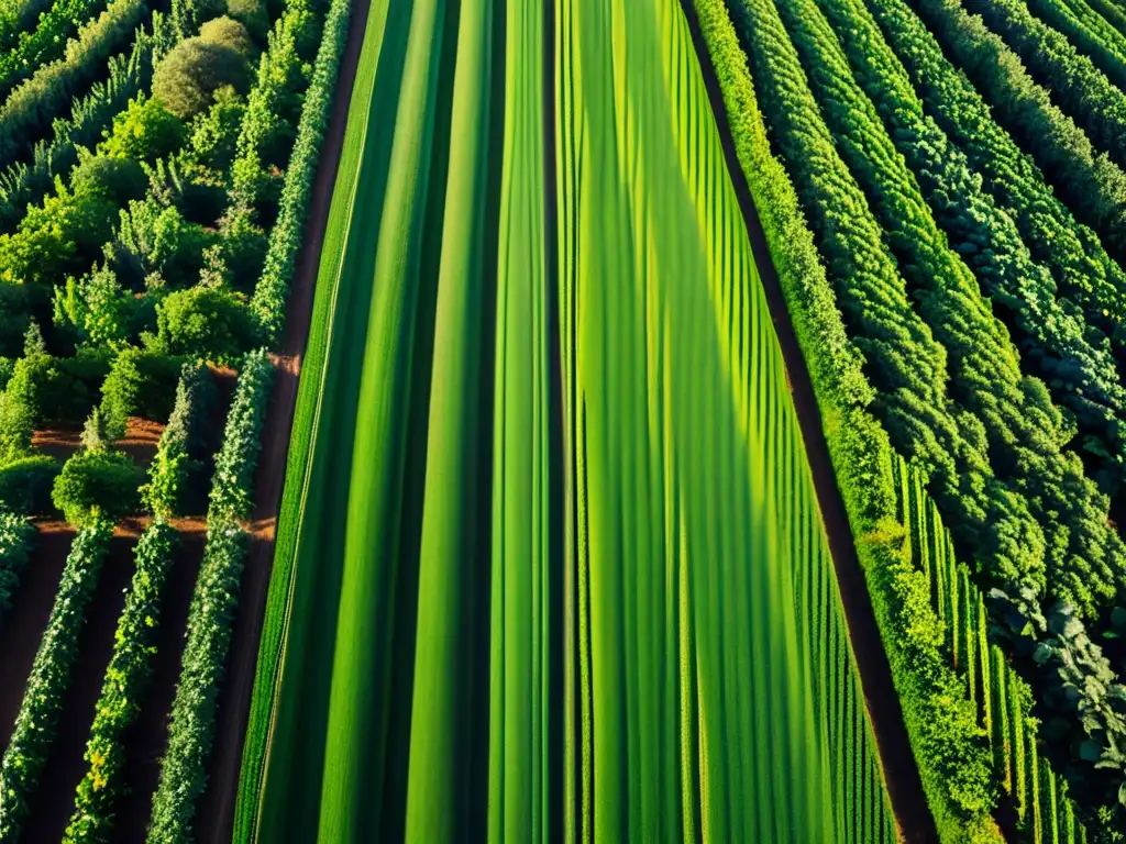 Un campo verde exuberante con cultivos alineados, bañado por la luz del sol