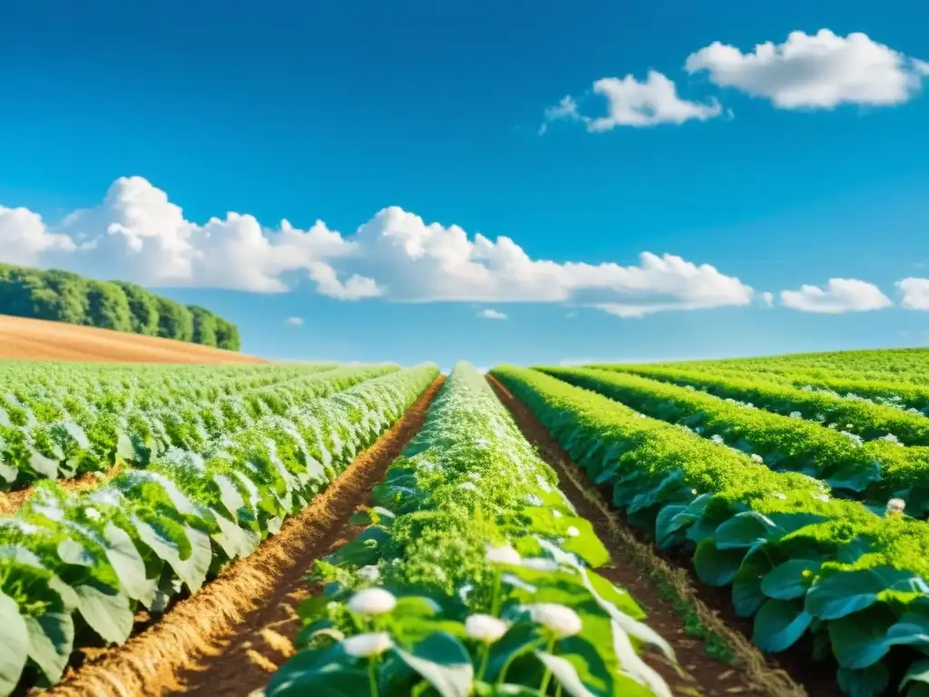 Un campo verde exuberante con cultivos orgánicos vibrantes bajo un cielo azul claro