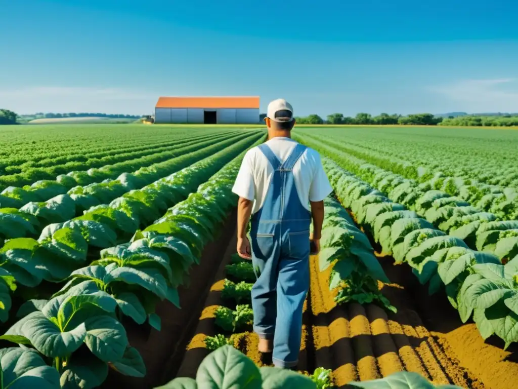 Un campo verde exuberante con cultivos orgánicos se extiende bajo un cielo azul