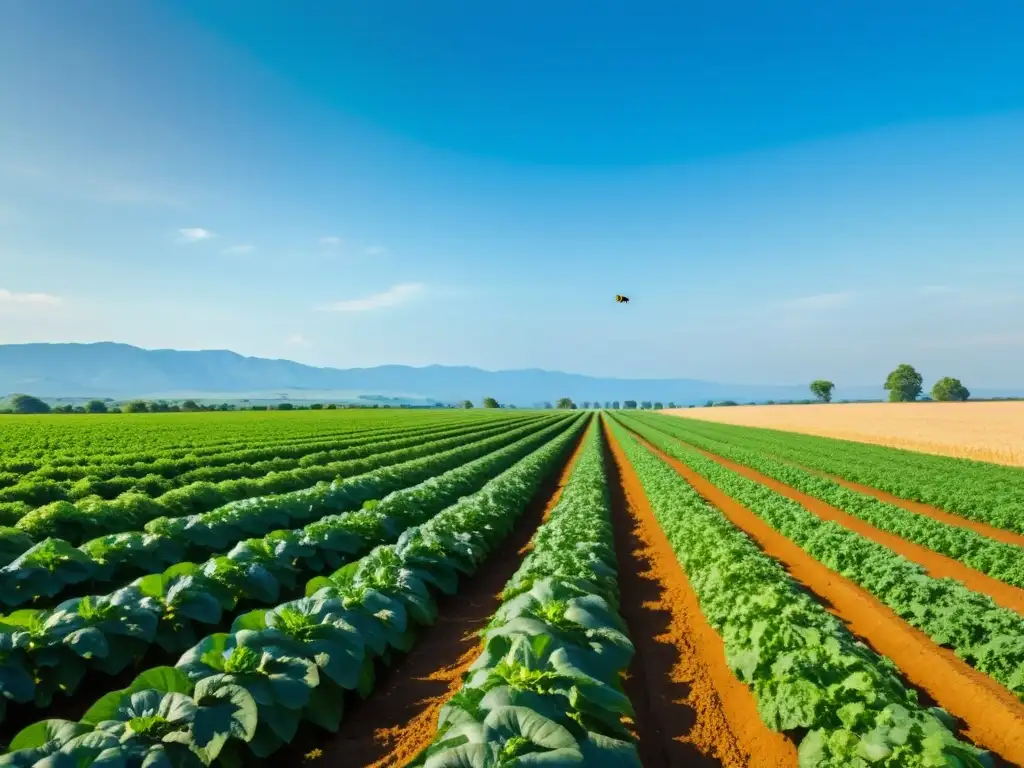 Un campo verde exuberante de cultivos orgánicos, iluminado por el sol y habitado por abejas y mariposas