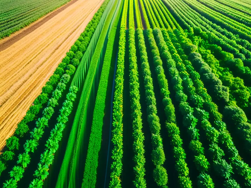 Campo verde exuberante con cultivos orgánicos sostenibles y granjas, bañado por la luz del sol