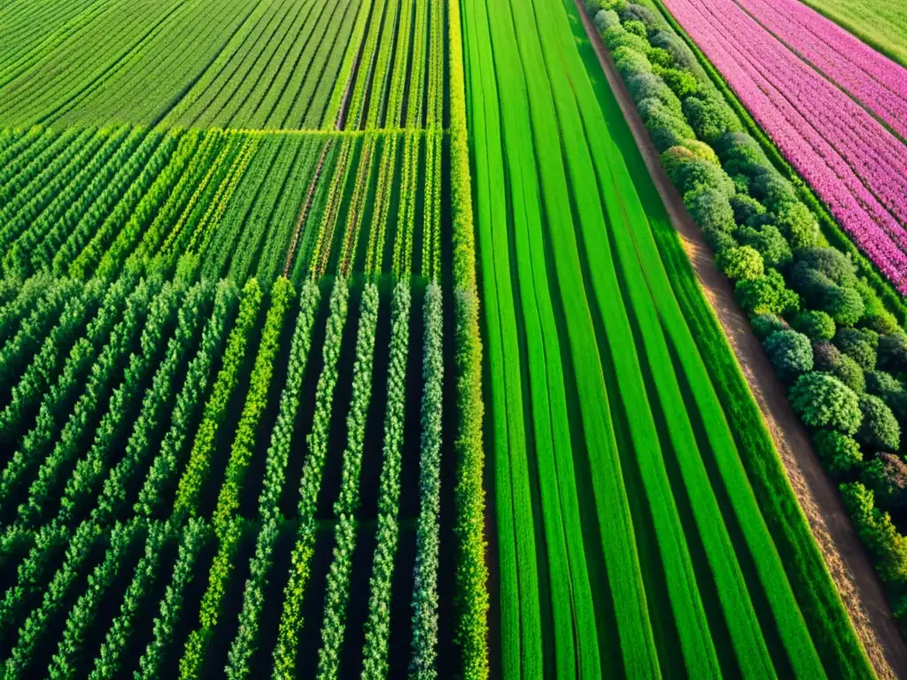 Campo verde exuberante con cultivos de cobertura vibrantes como trébol, veza y centeno, bañado por la cálida luz dorada del sol