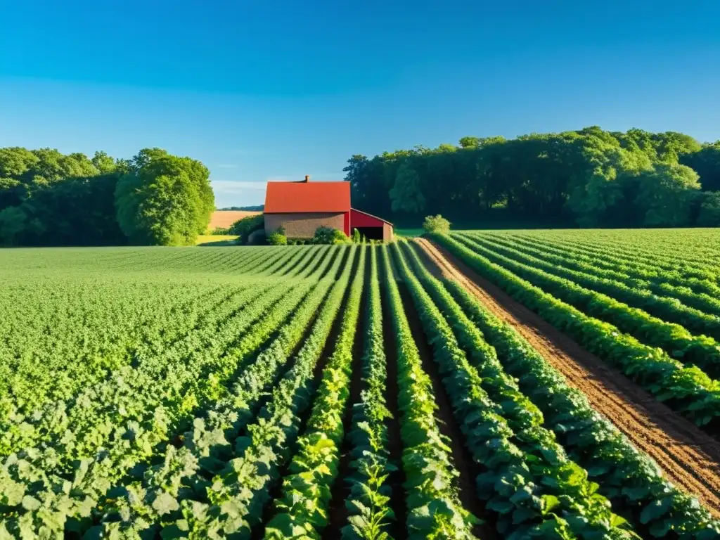 Campo verde exuberante y cultivos ordenados bajo cielo azul