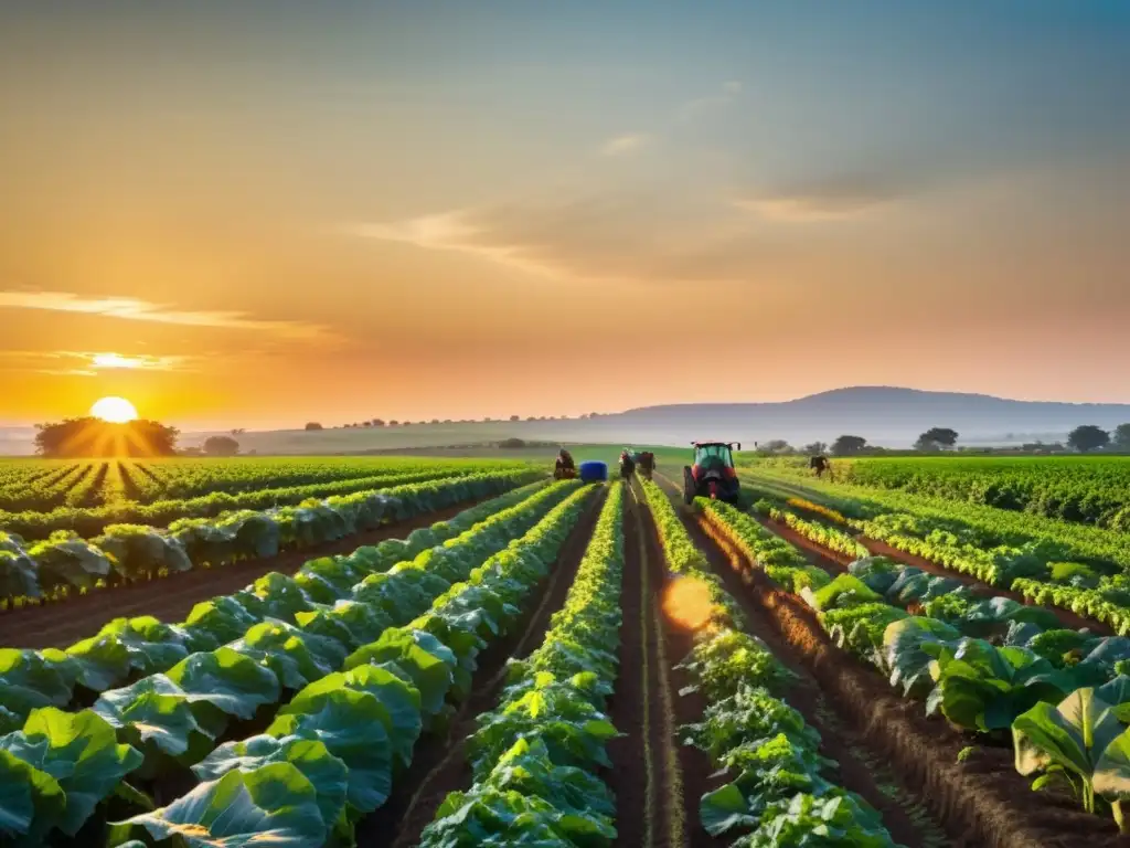 Un campo verde exuberante de cultivos orgánicos se extiende hacia el horizonte, con hileras ordenadas de verduras y frutas vibrantes