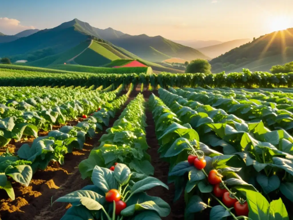 Un campo verde exuberante de cultivos orgánicos se extiende hasta el horizonte, con el sol poniéndose detrás de las montañas