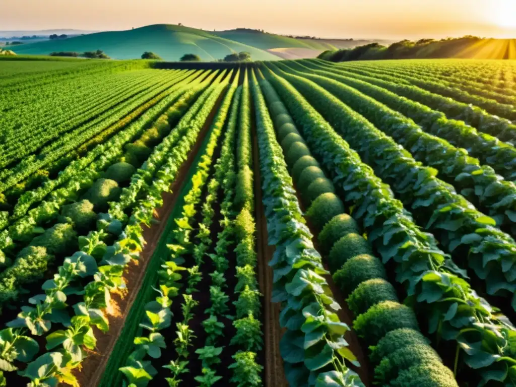 Un campo verde exuberante de cultivos orgánicos se extiende hasta el horizonte, bañado por el cálido resplandor dorado del sol