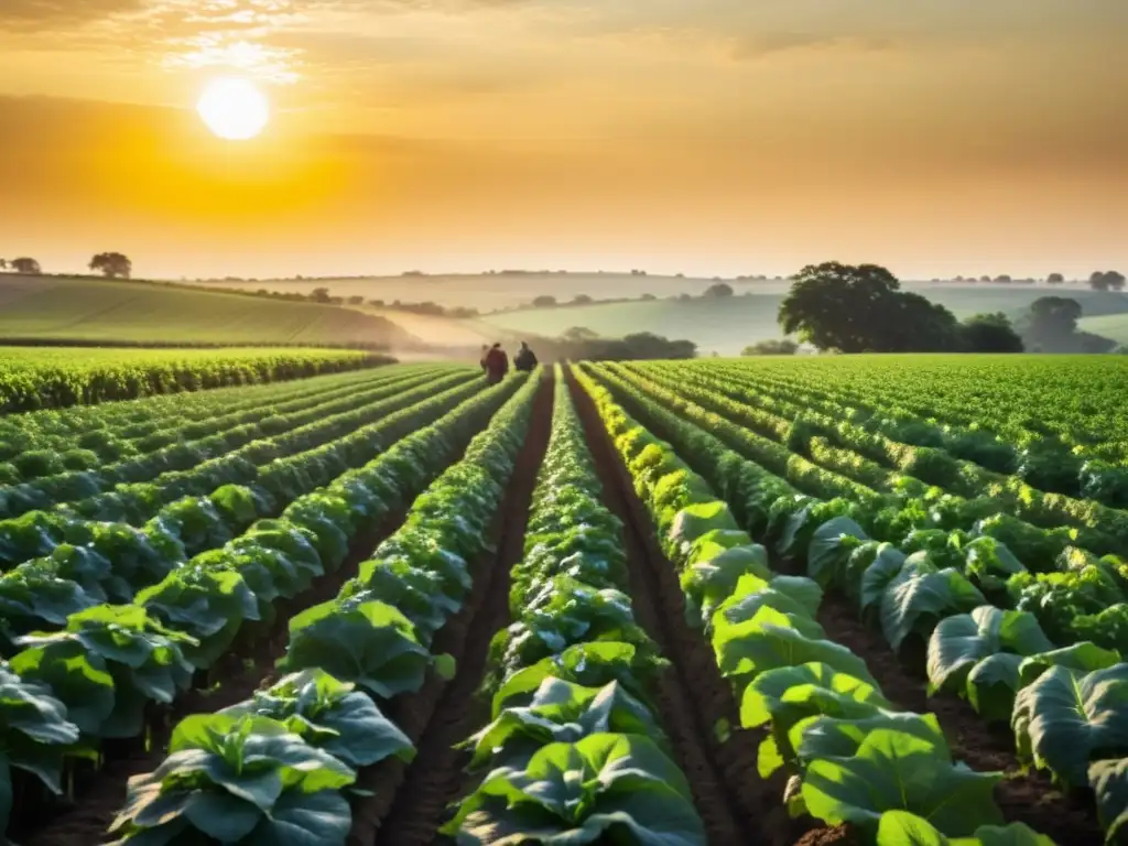 Un campo verde exuberante de cultivos orgánicos, bañado por la cálida luz del sol