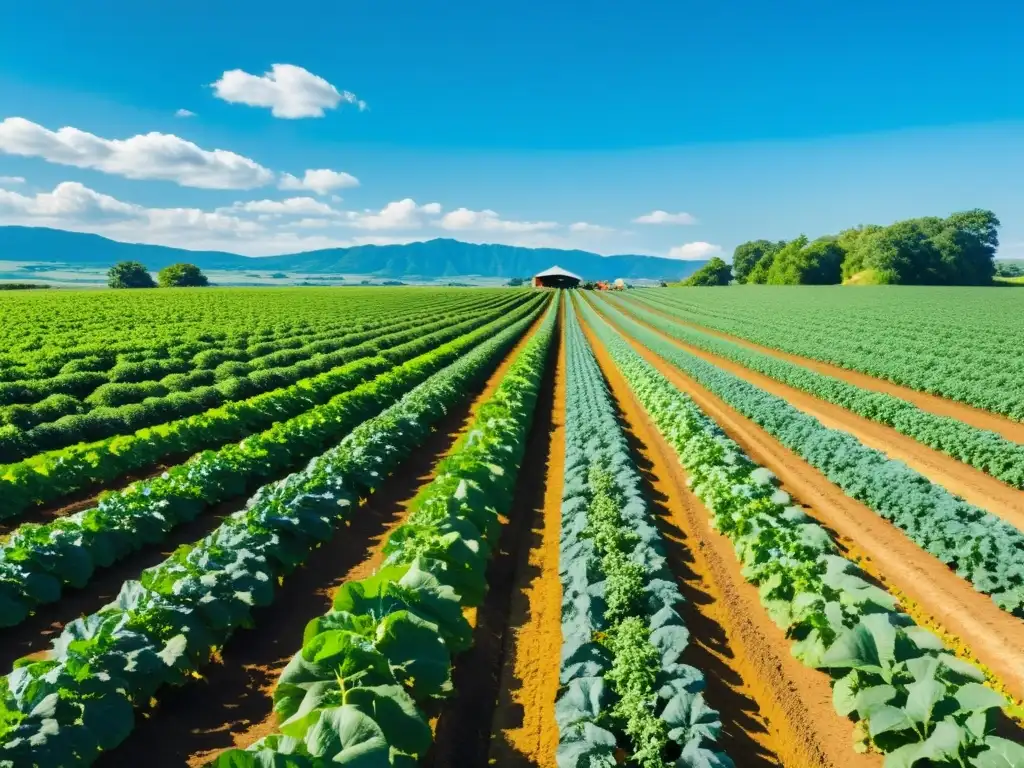 Un campo verde y exuberante con cultivos orgánicos bajo el cielo azul, trabajadores y armonía con la naturaleza